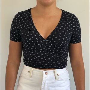 Brandy Melville Navy Wrap Top With White Flowers